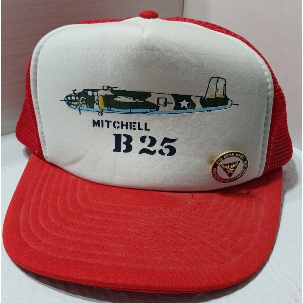 Vtg B-25 Mitchell Hat Red w/ 57th Bomb Wing Pin 1942-Africa-Italy-Corsica-1945